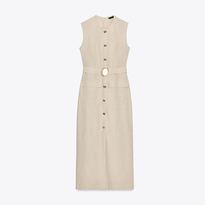 Custom Women Sleeveless Beige Resort-Style Casual Linen Maxi Dress Manufacturer