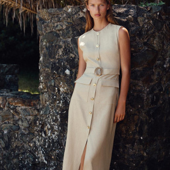 Custom Women Sleeveless Beige Resort-Style Casual Linen Maxi Dress Manufacturer