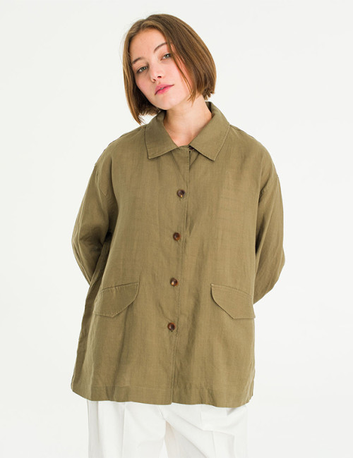 Custom Women Khaki Oversized Linen Shirt Style Jacket Manufacturer