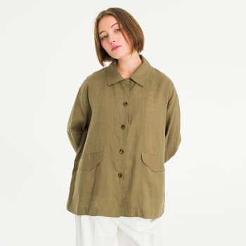 Custom Women Khaki Oversized Linen Shirt Style Jacket Manufacturer