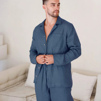 Custom Men Breathable Long-Sleeve Shirt & Pants Linen Pajama Set Manufacturer