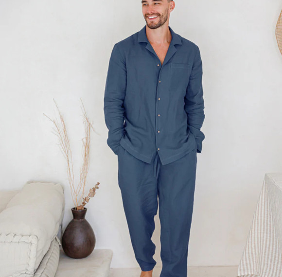 Custom Men Breathable Long-Sleeve Shirt & Pants Linen Pajama Set Manufacturer