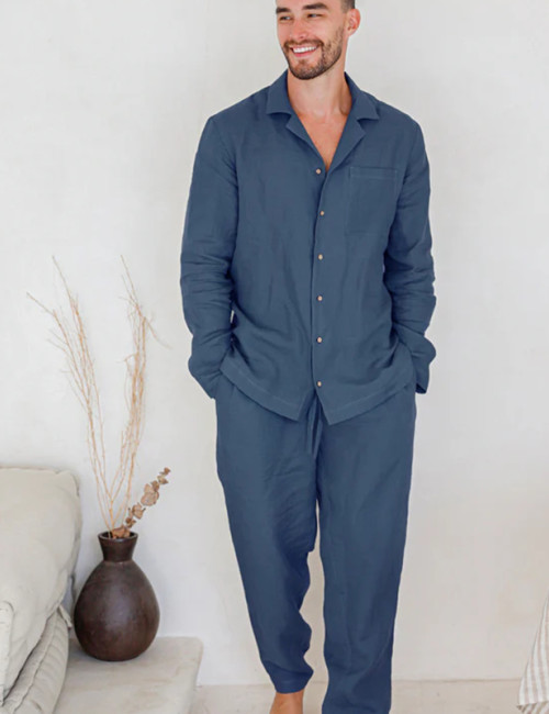 Custom Men Breathable Long-Sleeve Shirt & Pants Linen Pajama Set Manufacturer