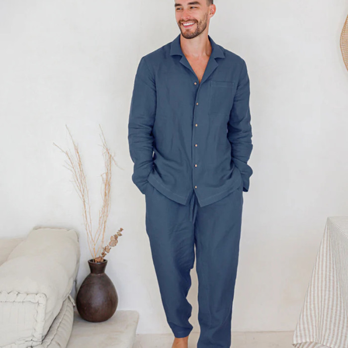 Custom Men Breathable Long-Sleeve Shirt & Pants Linen Pajama Set Manufacturer