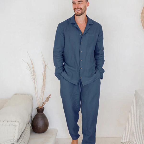 Custom Men Breathable Long-Sleeve Shirt & Pants Linen Pajama Set Manufacturer