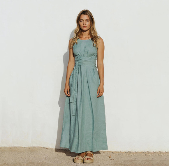 In-Stock Discount Mint Green Linen Maxi Dress with Waist Tie