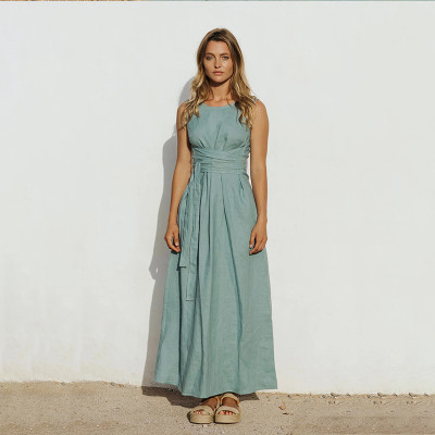 In-Stock Discount Mint Green Linen Maxi Dress with Waist Tie