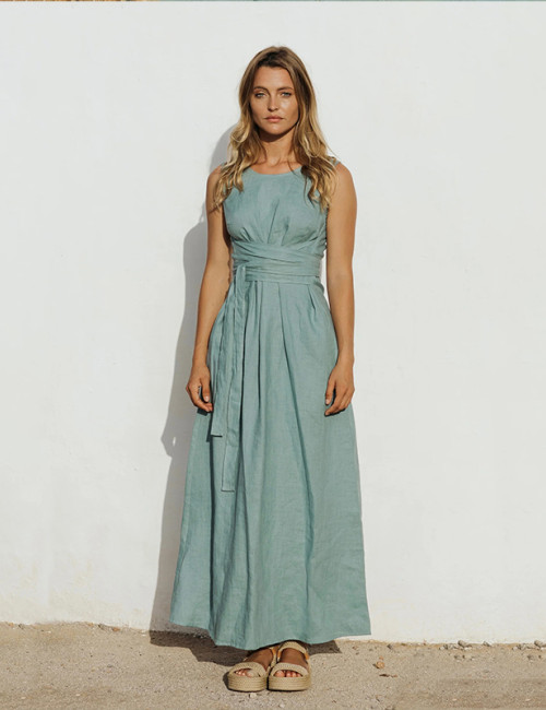 In-Stock Discount Mint Green Linen Maxi Dress with Waist Tie