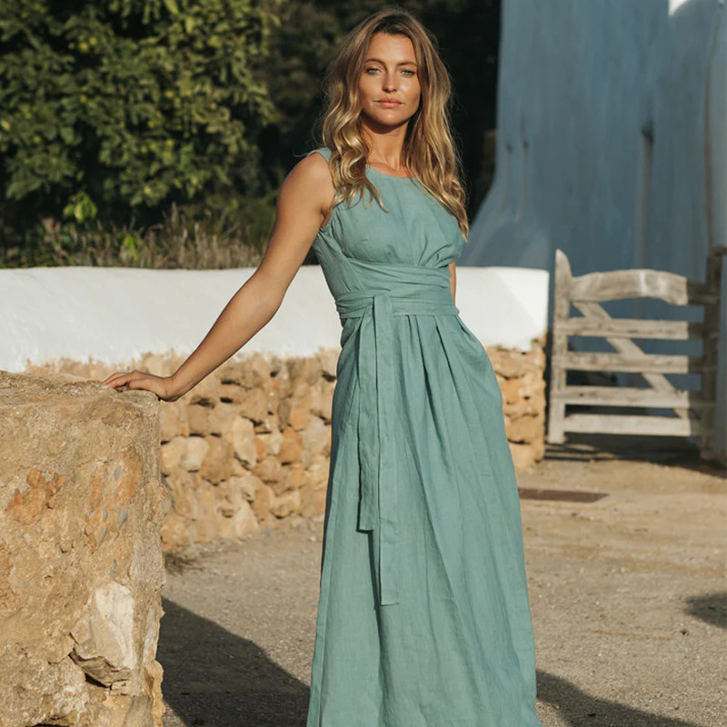 Linen Tie Strap Maxi Dress Manufacturer