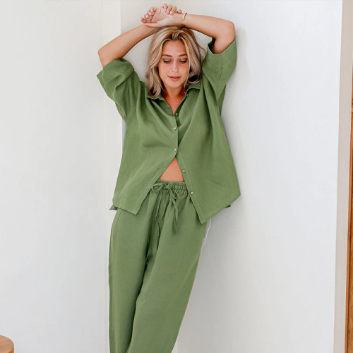 Custom Women Olive Green Linen Loungewear Set Manufacturer