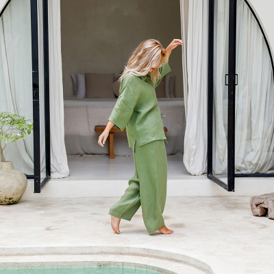 Custom Women Olive Green Linen Loungewear Set Manufacturer