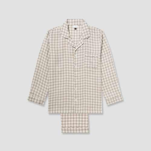 Factory Custom Men Beige Plaid Linen Pajama Set Manufacturer