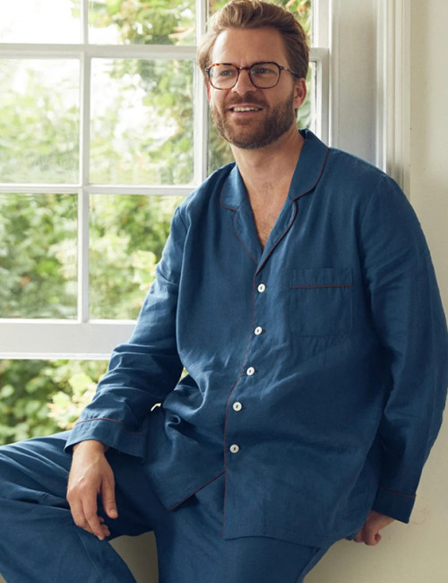 Supplier Custom Men Dark Blue Linen Pajama Set Manufacturer