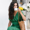 Custom Design Women Green Linen Wrap Midi Dress Manufacturer