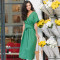 Custom Design Women Green Linen Wrap Midi Dress Manufacturer