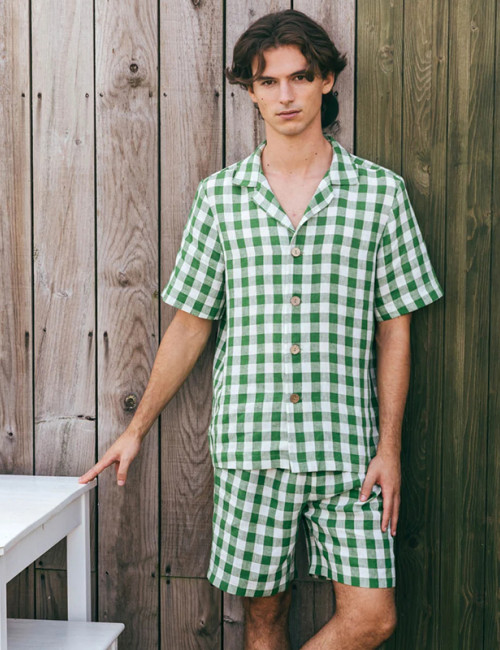 Custom Men Green Gingham Linen Nightwear Set Manufacturer