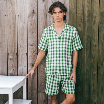Custom Men Green Gingham Linen Nightwear Set Manufacturer