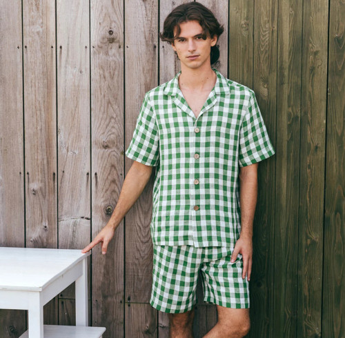 Custom Men Green Gingham Linen Nightwear Set Manufacturer
