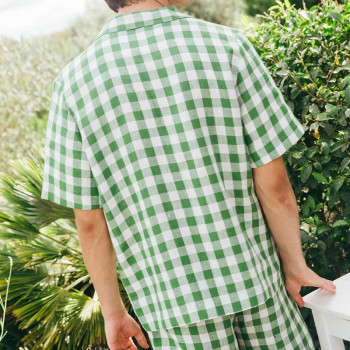 Custom Men Green Gingham Linen Nightwear Set Manufacturer
