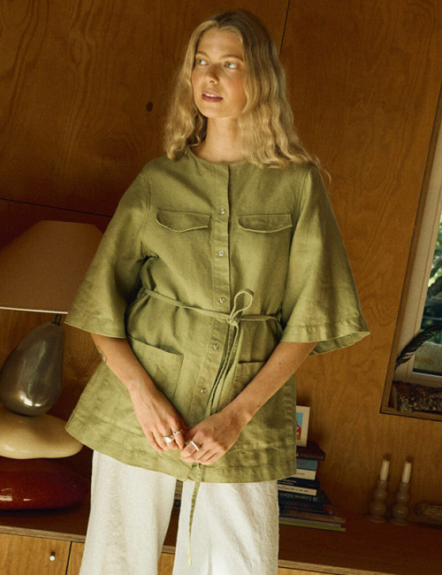 Custom Women Olive Green Belted Linen Overshirt Manufacturer