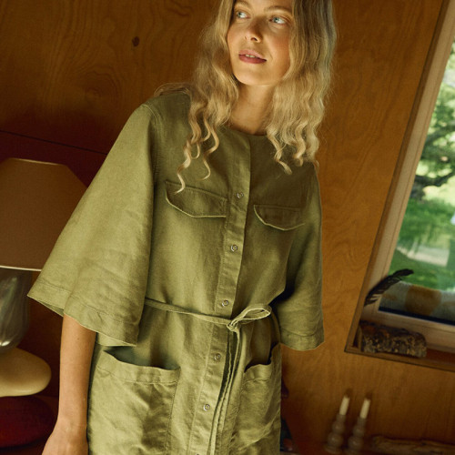 Custom Women Olive Green Belted Linen Overshirt Manufacturer