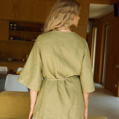 Custom Women Olive Green Belted Linen Overshirt Manufacturer