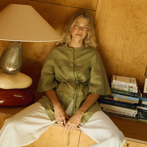Custom Women Olive Green Belted Linen Overshirt Manufacturer