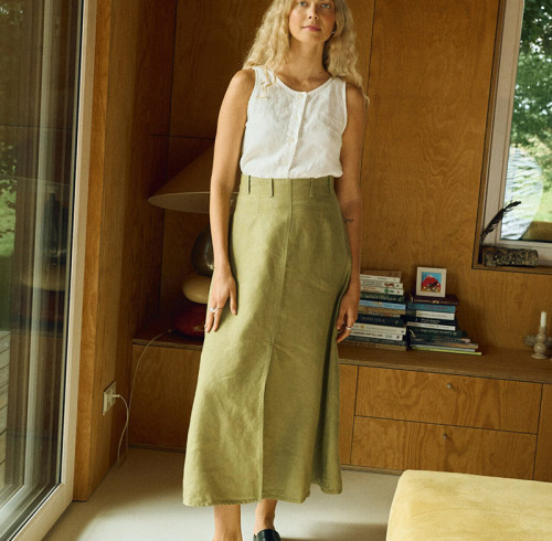 China Factory Custom Women Olive Green High Waisted Linen Skirt Manufacturer