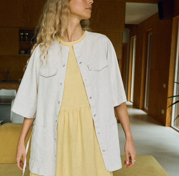 Factory Custom Light Beige Linen Overshirt with Half Sleeves Manufacturer