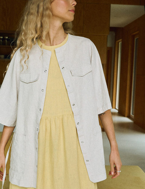 Factory Custom Light Beige Linen Overshirt with Half Sleeves Manufacturer