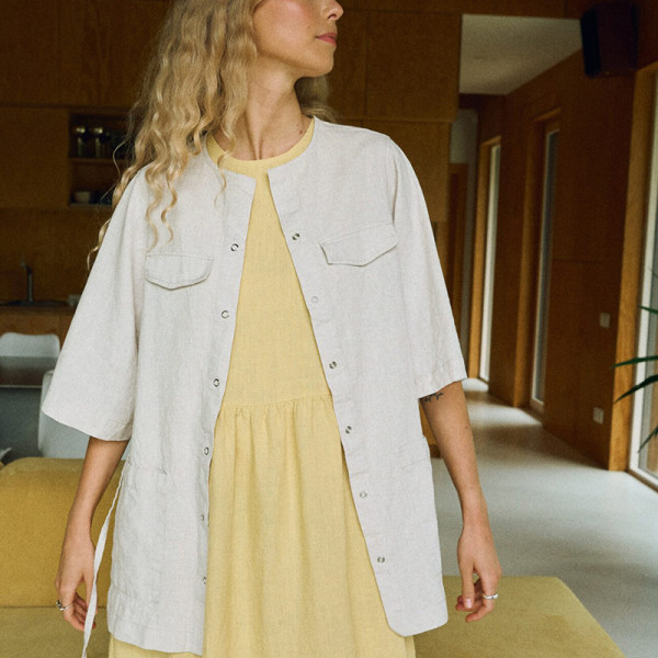 Factory Custom Light Beige Linen Overshirt with Half Sleeves Manufacturer