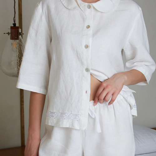 Custom Women Linen Loungewear Set with Lace Trim Manufacturer
