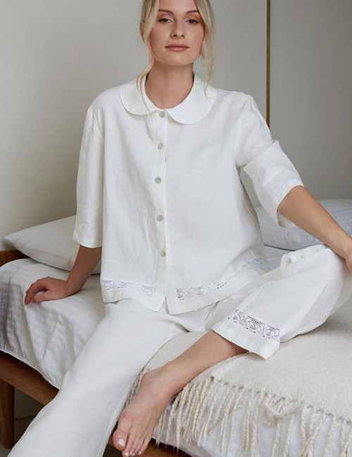 Custom Women Linen Loungewear Set with Lace Trim Manufacturer