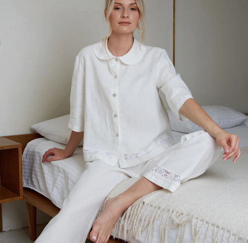 Custom Women Linen Loungewear Set with Lace Trim Manufacturer