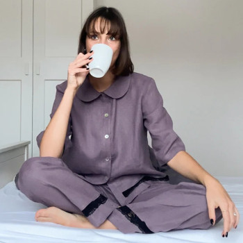 Custom Women Purple-Grey Linen Pajama Set with Lace Trim Manufacturer