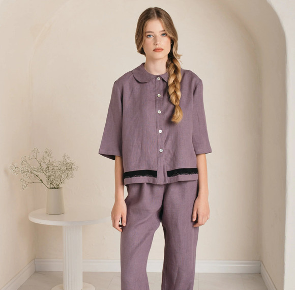 Custom Women Purple-Grey Linen Pajama Set with Lace Trim Manufacturer