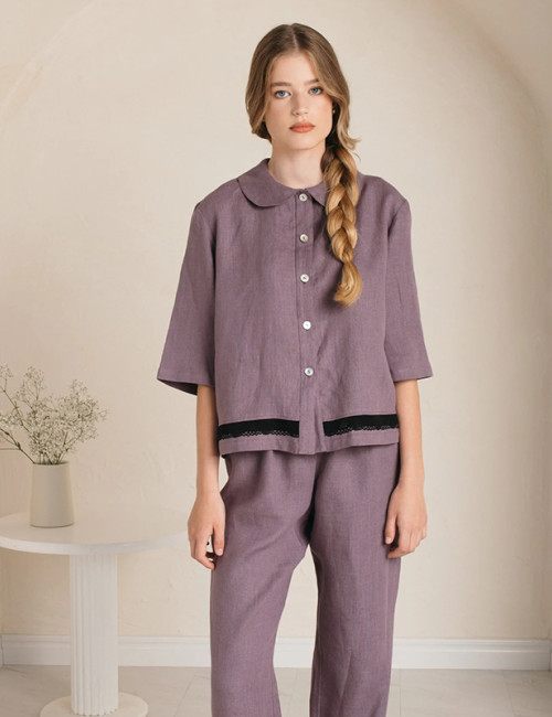 Custom Women Purple-Grey Linen Pajama Set with Lace Trim Manufacturer