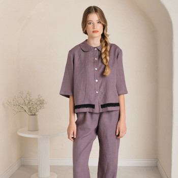 Custom Women Purple-Grey Linen Pajama Set with Lace Trim Manufacturer