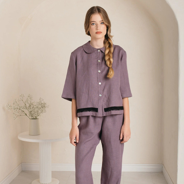 Custom Women Purple-Grey Linen Pajama Set with Lace Trim Manufacturer