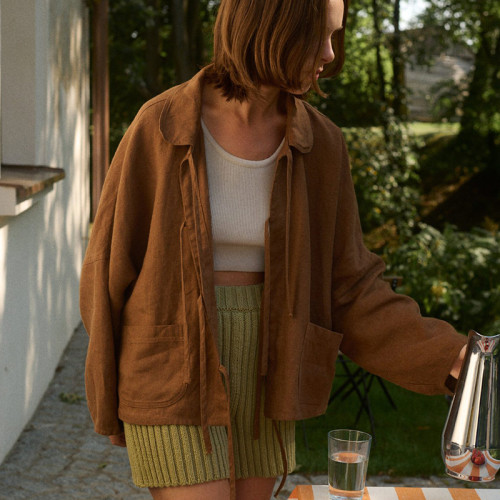 Wholesale Custom Brown Linen Blazer with Tie-Front Closure Manufacturer