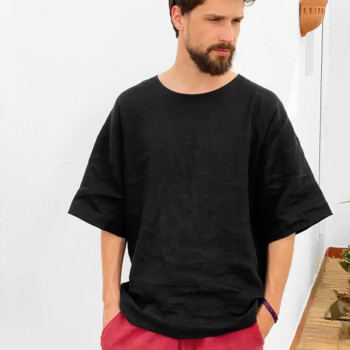 Factory Custom Black Loose-Fit Men Linen T-Shirt Manufacturer