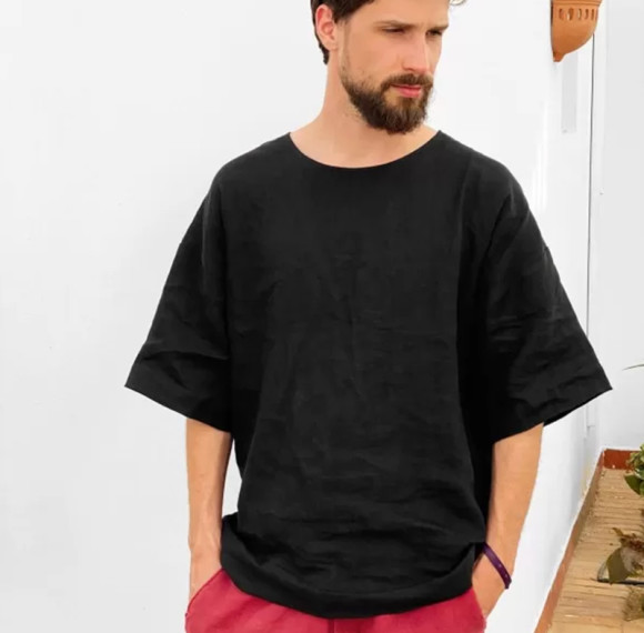 Factory Custom Black Loose-Fit Men Linen T-Shirt Manufacturer