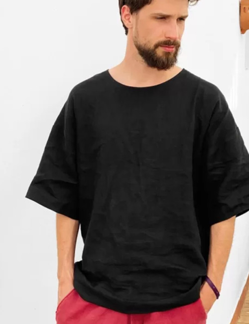 Factory Custom Black Loose-Fit Men Linen T-Shirt Manufacturer