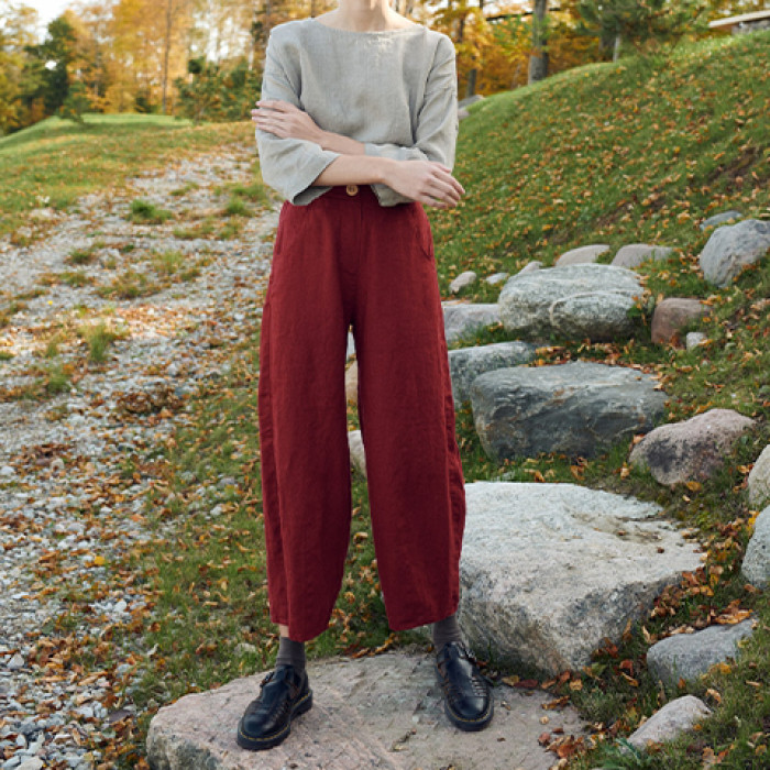 In Stock Brick Red Linen Wide-Leg Pants – Timeless and Comfortable