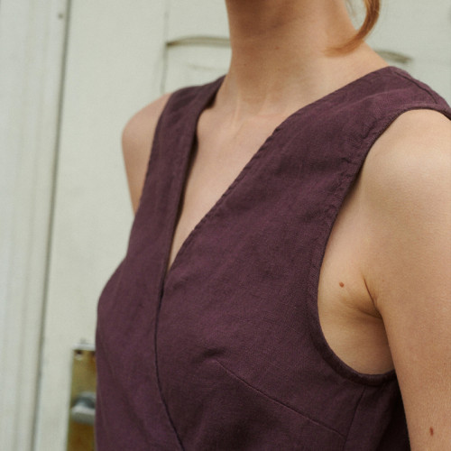 Hot Sale Wine Red Linen Wrap Midi Dress