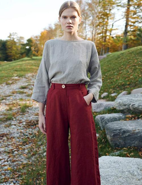 In Stock Brick Red Linen Wide-Leg Pants – Timeless and Comfortable