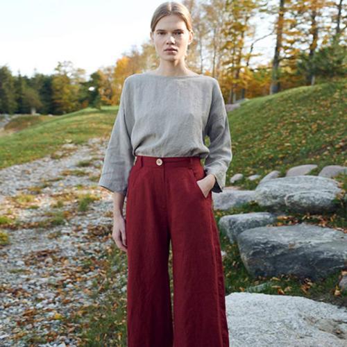 In Stock Brick Red Linen Wide-Leg Pants – Timeless and Comfortable