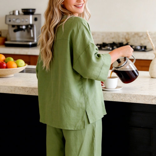 Custom Women Olive Green Linen Loungewear Set Manufacturer