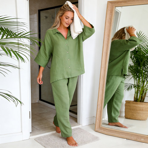 Custom Women Olive Green Linen Loungewear Set Manufacturer
