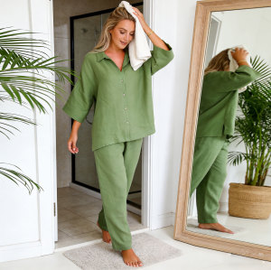 Custom Women Olive Green Linen Loungewear Set Manufacturer